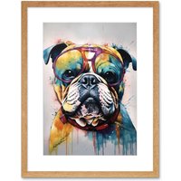 Artery8 Wall Art Print English Bulldog Dog Wearing Vintage Sunglasses Artwork Framed 9X7 Inch in Beige | Size: W7" x H9"