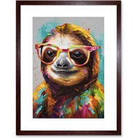 Artery8 Wall Art Print Colourful Sloth with Glasses Modern Folk Artwork Framed 9X7 Inch in Brown | Size: W7" x H9"