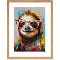 Artery8 Wall Art Print Colourful Sloth with Glasses Modern Folk Artwork Framed 9X7 Inch in Beige | Size: W7" x H9"