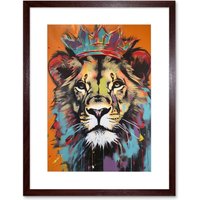 Artery8 Wall Art Print Lion Wearing Crown Jungle King Animal Portrait Artwork Framed 9X7 Inch in Brown | Size: W7" x H9"