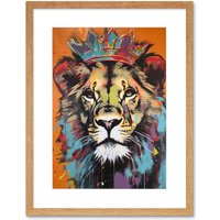 Artery8 Wall Art Print Lion Wearing Crown Jungle King Animal Portrait Artwork Framed 9X7 Inch in Beige | Size: W7" x H9"