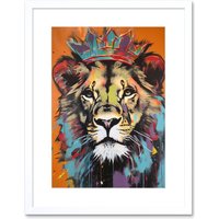 Artery8 Wall Art Print Lion Wearing Crown Jungle King Animal Portrait Artwork Framed 9X7 Inch in White | Size: W7" x H9"