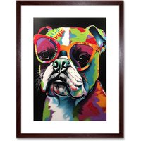 Artery8 Wall Art Print Rainbow Colour English Bulldog Puppy in Sunglasses Artwork Framed 9X7 Inch in Brown | Size: W7" x H9"