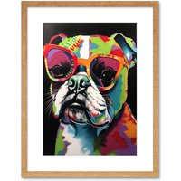 Artery8 Wall Art Print Rainbow Colour English Bulldog Puppy in Sunglasses Artwork Framed 9X7 Inch in Beige | Size: W7" x H9"