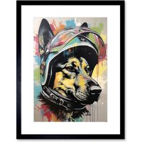 Artery8 Wall Art Print German Shepherd Dog Wearing Motorcycle Helmet Artwork Framed 9X7 Inch in Black | Size: W7" x H9"