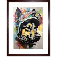 Artery8 Wall Art Print German Shepherd Dog Wearing Motorcycle Helmet Artwork Framed 9X7 Inch in Brown | Size: W7" x H9"
