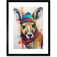 Artery8 Wall Art Print Kangaroo Wearing Colourful Winter Hat & Scarf Artwork Framed 9X7 Inch in Black | Size: W7" x H9"