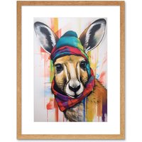 Artery8 Wall Art Print Kangaroo Wearing Colourful Winter Hat & Scarf Artwork Framed 9X7 Inch in Beige | Size: W7" x H9"