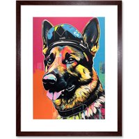 Artery8 Wall Art Print German Shepherd Wearing Police Hat Modern Pop Artwork Framed 9X7 Inch in Brown | Size: W7" x H9"