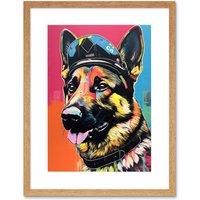 Artery8 Wall Art Print German Shepherd Wearing Police Hat Modern Pop Artwork Framed 9X7 Inch in Beige | Size: W7" x H9"