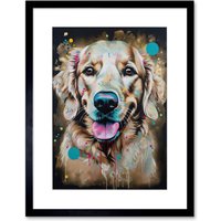 Artery8 Wall Art Print Happy Smiling Golden Retriever Dog Portrait Artwork Framed 9X7 Inch in Black | Size: W7" x H9"