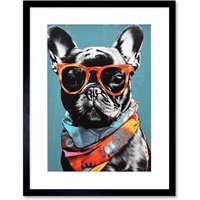 Artery8 Wall Art Print English Bulldog Wearing Bandana & Sunglasses Artwork Framed 9X7 Inch in Black | Size: W7" x H9"