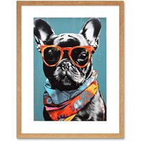 Artery8 Wall Art Print English Bulldog Wearing Bandana & Sunglasses Artwork Framed 9X7 Inch in Beige | Size: W7" x H9"