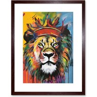 Artery8 Wall Art Print King of the Jungle Lion with Crown Modern Pop Artwork Framed 9X7 Inch in Brown | Size: W7" x H9"