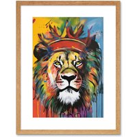 Artery8 Wall Art Print King of the Jungle Lion with Crown Modern Pop Artwork Framed 9X7 Inch in Beige | Size: W7" x H9"