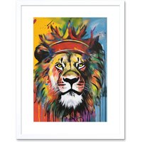 Artery8 Wall Art Print King of the Jungle Lion with Crown Modern Pop Artwork Framed 9X7 Inch in White | Size: W7" x H9"