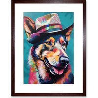Artery8 Wall Art Print German Shepherd with Fedora Hat Vibrant Portrait Artwork Framed 9X7 Inch in Brown | Size: W7" x H9"