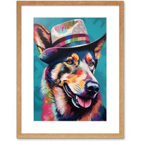 Artery8 Wall Art Print German Shepherd with Fedora Hat Vibrant Portrait Artwork Framed 9X7 Inch in Beige | Size: W7" x H9"