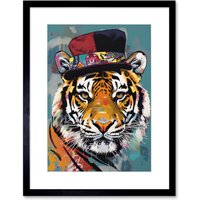 Artery8 Wall Art Print Tiger Wearing Soft Felt Top Hat Modern Folk Artwork Framed 9X7 Inch in Black | Size: W7" x H9"