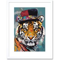 Artery8 Wall Art Print Tiger Wearing Soft Felt Top Hat Modern Folk Artwork Framed 9X7 Inch in White | Size: W7" x H9"