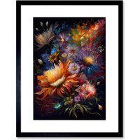 Artery8 Wall Art Print Wildflower Bouquet Pink Blue Orange Floral Artwork Framed 9X7 Inch in Black | Size: W7" x H9"
