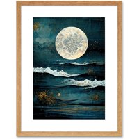 Artery8 Wall Art Print Large Full Moon Seascape Golden Algae Wave Foam Artwork Framed 9X7 Inch in Beige | Size: W7" x H9"