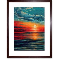 Artery8 Wall Art Print Seascape Scarlet Sunrise Fiery Horizon Clouds Artwork Framed 9X7 Inch in Brown | Size: W7" x H9"