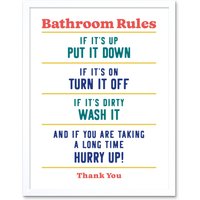 Artery8 Wall Art Print Funny Bathroom Rules Art Toilet Rules Sign Art Framed in White | Size: W12" x H16"