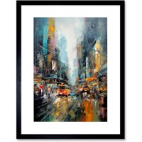 Artery8 Wall Art Print New York City Rainy Day Abstract Action Cityscape Artwork Framed 9X7 Inch in Black | Size: W7" x H9"