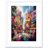 Artery8 Wall Art Print Abstract City Street Modern Vibrant Cityscape Artwork Framed 9X7 Inch in White | Size: W7" x H9"
