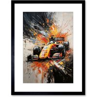 Artery8 Wall Art Print Yellow Race Car Racing Scene Modern Spatter Artwork Framed 9X7 Inch in Black | Size: W7" x H9"