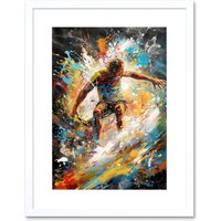Artery8 Wall Art Print Surfer Surfing on Crashing Waves Splatter Paint Artwork Framed 9X7 Inch in White | Size: W7" x H9"