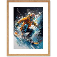 Artery8 Wall Art Print Snowboarder Landing Snowboard Jump Splatter Paint Artwork Framed 9X7 Inch in Beige | Size: W7" x H9"
