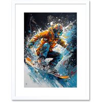 Artery8 Wall Art Print Snowboarder Landing Snowboard Jump Splatter Paint Artwork Framed 9X7 Inch in White | Size: W7" x H9"