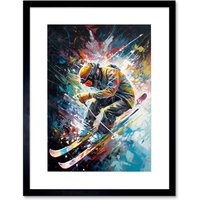 Artery8 Wall Art Print Skier Skiing Vibrant Splatter Art Motion Painting Artwork Framed 9X7 Inch in Black | Size: W7" x H9"