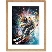 Artery8 Wall Art Print Skier Skiing Vibrant Splatter Art Motion Painting Artwork Framed 9X7 Inch in Beige | Size: W7" x H9"