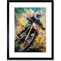 Artery8 Wall Art Print Motocross Race Sport Driver Action Shot Painting Artwork Framed 9X7 Inch in Black | Size: W7" x H9"