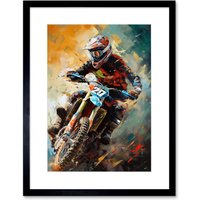 Artery8 Wall Art Print Motocross Race Driver Sport Action Shot Painting Artwork Framed 9X7 Inch in Black | Size: W7" x H9"