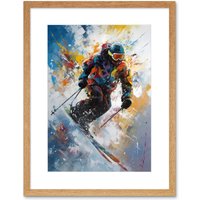Artery8 Wall Art Print Skier Skiing Down Slope Vibrant Splat Art Painting Artwork Framed 9X7 Inch in Beige | Size: W7" x H9"