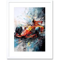 Artery8 Wall Art Print Orange Race Car Grand Prix Action Shot Painting Artwork Framed 9X7 Inch in White | Size: W7" x H9"
