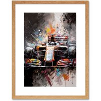 Artery8 Wall Art Print Race Car Grand Prix Multicoloured Modern Artwork Framed 9X7 Inch in Beige | Size: W7" x H9"