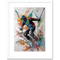 Artery8 Wall Art Print Skier Skiing Multicoloured Paint Splat Action Shot Artwork Framed 9X7 Inch in White | Size: W7" x H9"