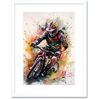 Artery8 Wall Art Print Mountain Biker Action Shot Paint Splat Portrait Artwork Framed 9X7 Inch in White | Size: W7" x H9"