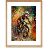 Artery8 Wall Art Print Mountain Biker Paint Splat Portrait Action Shot Artwork Framed 9X7 Inch in Beige | Size: W7" x H9"