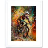 Artery8 Wall Art Print Mountain Biker Paint Splat Portrait Action Shot Artwork Framed 9X7 Inch in White | Size: W7" x H9"