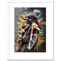 Artery8 Wall Art Print Dirt Bike Sport Splatter Paint Motocross Rider Artwork Framed 9X7 Inch in White | Size: W7" x H9"