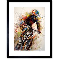 Artery8 Wall Art Print Mountain Biker Portrait Splat Paint Action Shot Artwork Framed 9X7 Inch in Black | Size: W7" x H9"