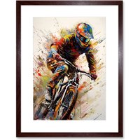 Artery8 Wall Art Print Mountain Biker Portrait Splat Paint Action Shot Artwork Framed 9X7 Inch in Brown | Size: W7" x H9"