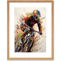 Artery8 Wall Art Print Mountain Biker Portrait Splat Paint Action Shot Artwork Framed 9X7 Inch in Beige | Size: W7" x H9"
