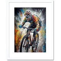 Artery8 Wall Art Print Bike Rider Racing Paint Splat Sport Bicycle Race Artwork Framed 9X7 Inch in White | Size: W7" x H9"